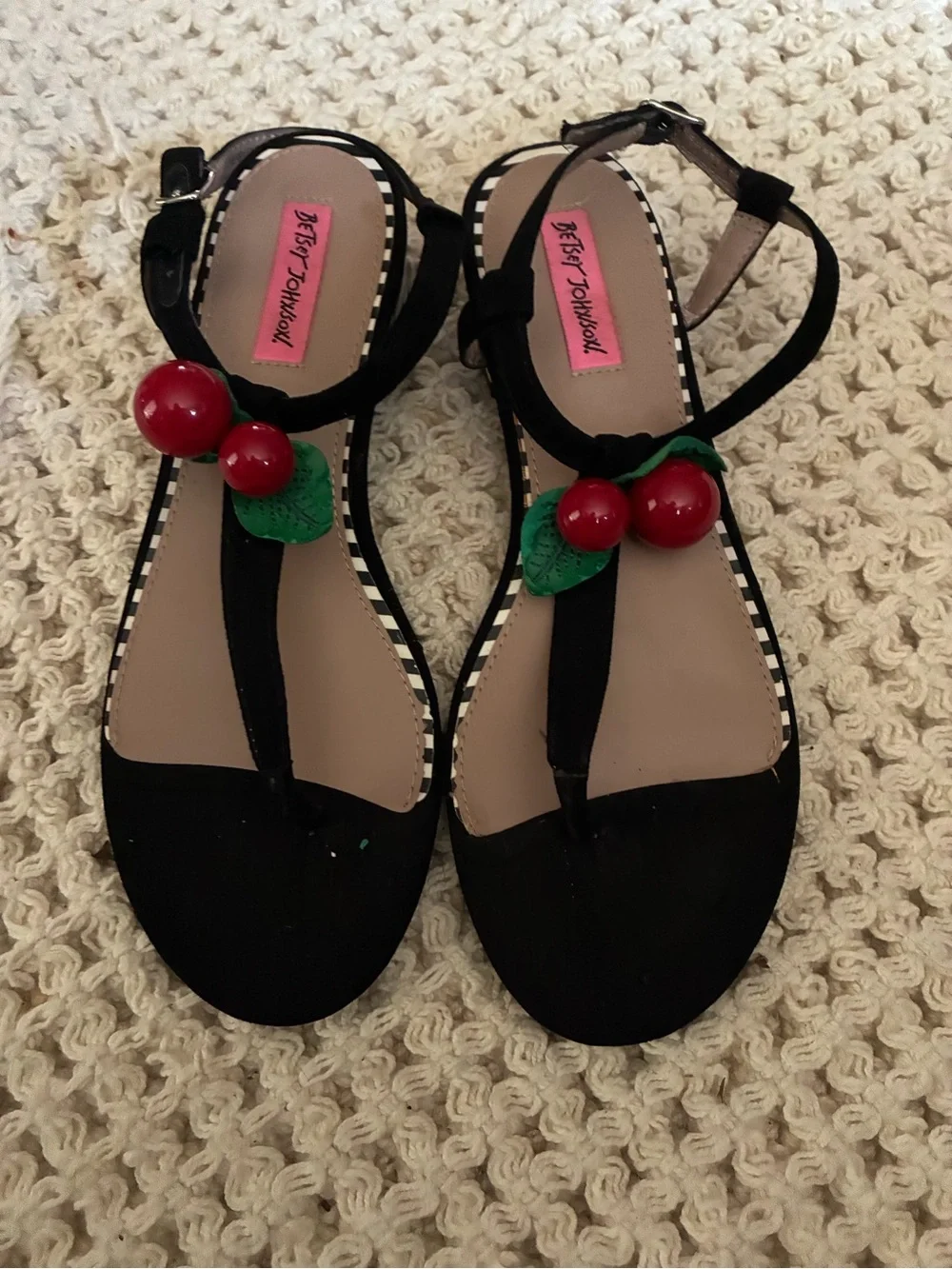 Betsey Johnson Red Cherries Strappy Sandals Adjustable Strap Flat 9M
